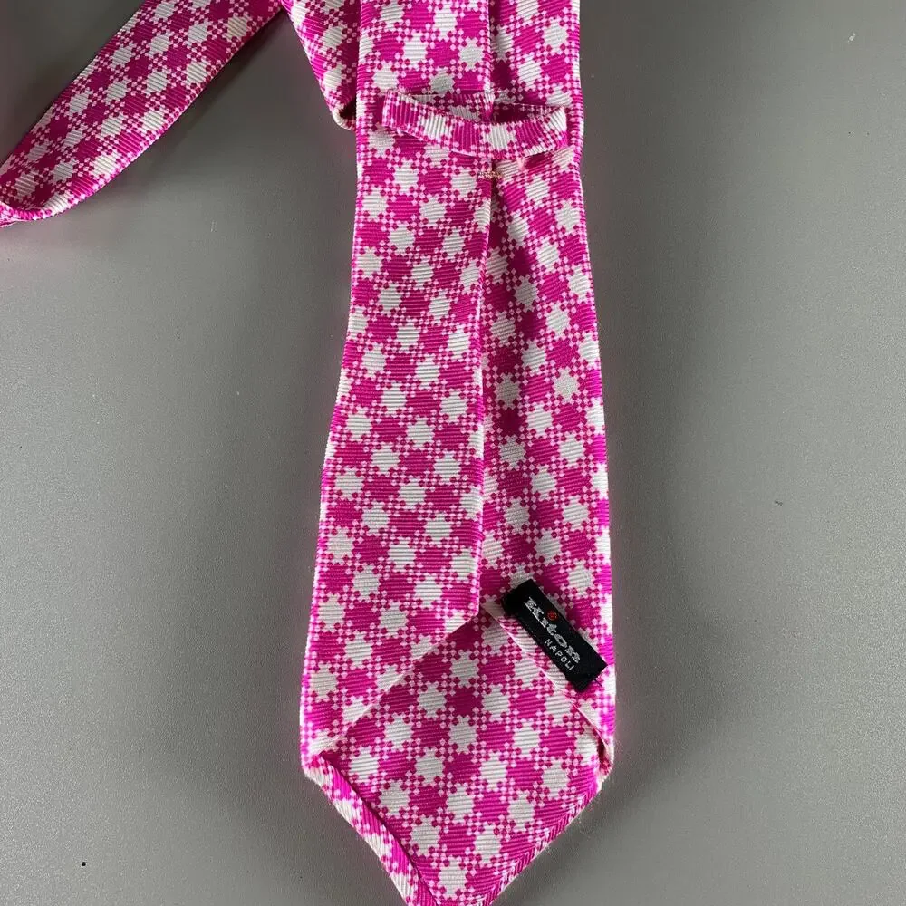 KITON Pink White Houndstooth Silk Tie